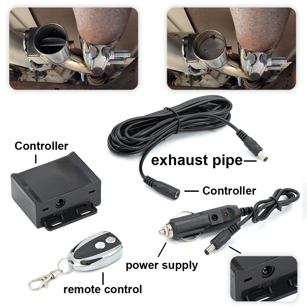 Electric exhaust cutout kit with wireless remote and wiring harness
